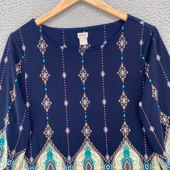 Chicos Top Womens 2 US Large Navy Multi Batik Print Tunic 3/4 Sleeves Stretch - Picture 2 of 11